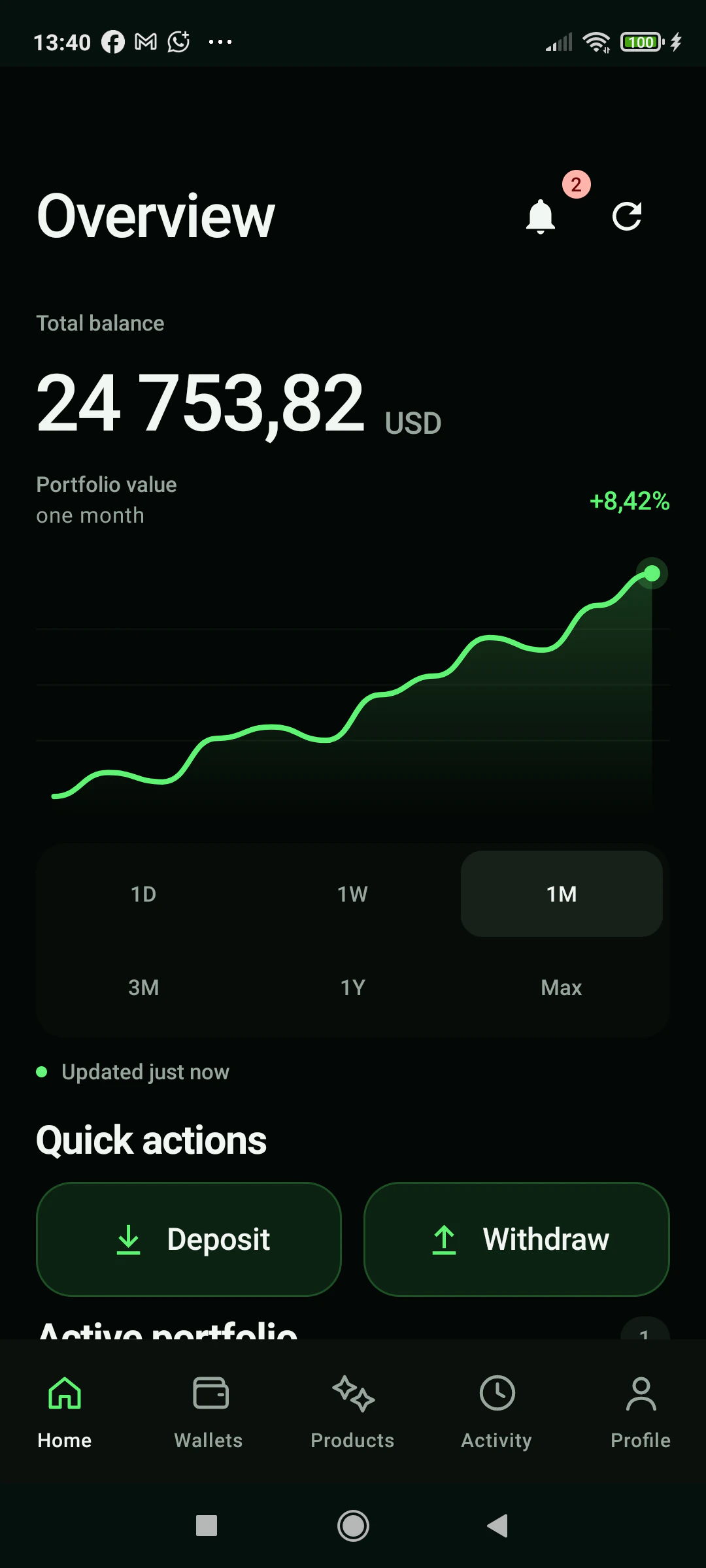 Assetara app Overview screen showing total balance and a portfolio performance chart